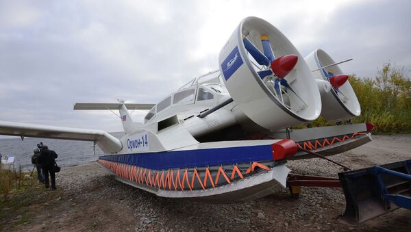 The Orion 14 wing-in-ground effect aircraft at the Ground-Effect Craft Center set up on the base of the Avangard Shipyard - Sputnik International