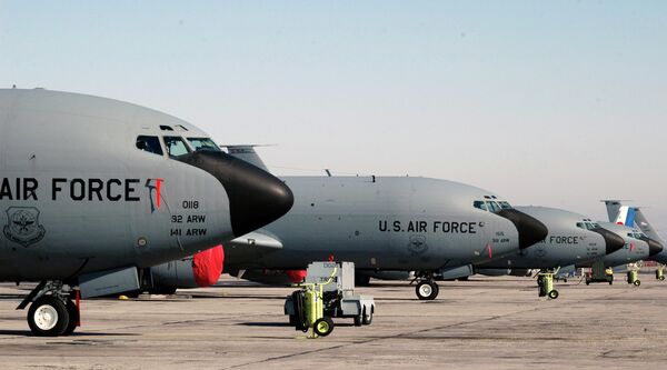 A lineup of US air force KC-135 tanker planes seen at the Manas air base in Bishkek, Kyrgyzstan. File photo - Sputnik International