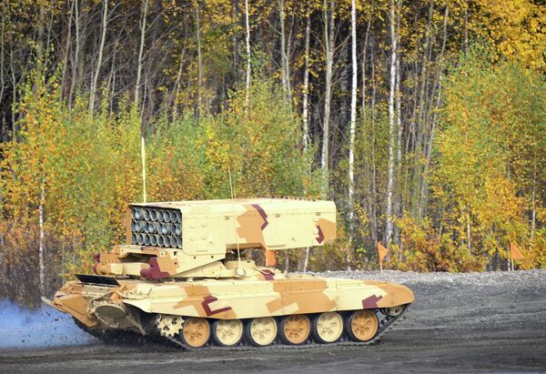 The TOS-1 Buratino multiple rocket launcher during a demonstration at the International Exhibition of Arms, Military Equipment and Ammunition, held in the city of Nizhny Tagil The TOS-1 Buratino multiple rocket launcher during a demonstration at the International Exhibition of Arms, Military Equipment and Ammunition, held in the city of Nizhny Tagil - Sputnik International