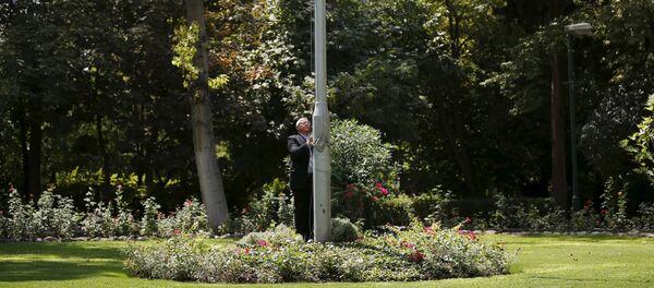 Gary Thompson, overseas security manager at Britain's Foreign and Commonwealth Office, raises the Union flag at British Embassy in Tehran, Iran - Sputnik International