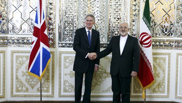 Britain's Foreign Secretary Philip Hammond (L) shakes hands with his Iranian counterpart Mohammad Javad Zarif after a meeting at the Ministry of Foreign Affairs in Tehran August 23, 2015 - Sputnik International