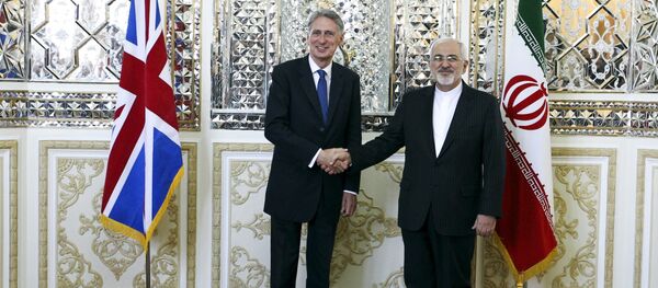 Britain's Foreign Secretary Philip Hammond (L) shakes hands with his Iranian counterpart Mohammad Javad Zarif after a meeting at the Ministry of Foreign Affairs in Tehran August 23, 2015 - Sputnik International