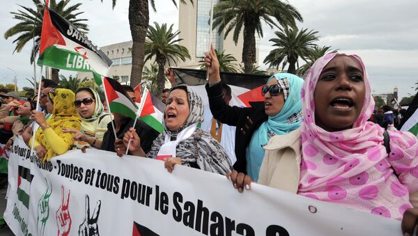 Supporters of the Polisario Front separatist movement hold a banner reading All for Palestine, all for Western Sahara during a demonstration at the closing of the World Social Forum (WSF) in Tunis. (File) - Sputnik International