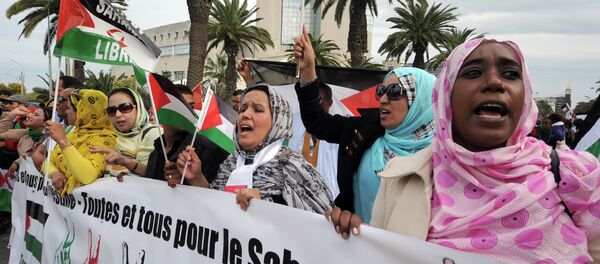 Supporters of the Polisario Front separatist movement hold a banner reading All for Palestine, all for Western Sahara during a demonstration at the closing of the World Social Forum (WSF) in Tunis. (File) - Sputnik International