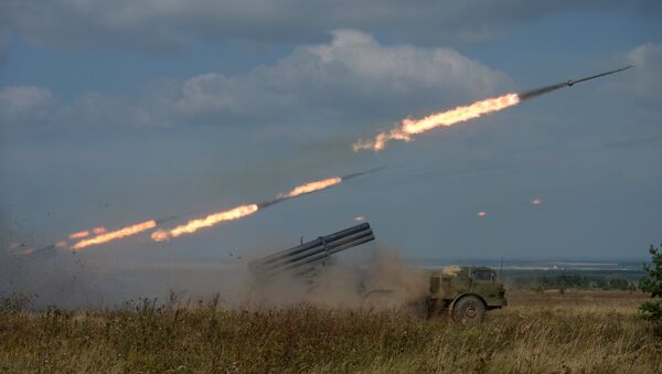 Uragan Multiple-Launch Rocket System fires during an exercise in missile strike and artillery fire control at the Chebarkul firing range of the Central Military District in the Chelyabinsk Region. - Sputnik International