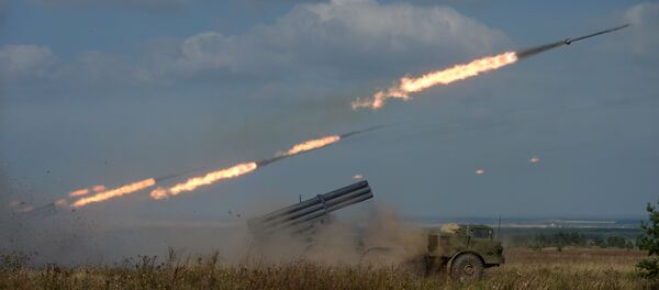 Uragan Multiple-Launch Rocket System fires during an exercise in missile strike and artillery fire control at the Chebarkul firing range of the Central Military District in the Chelyabinsk Region. - Sputnik International