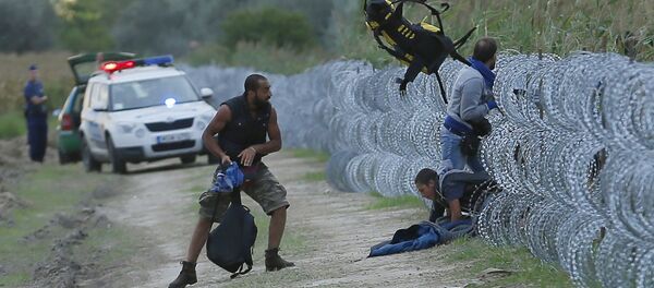 Hungarian police positioned nearby watch as Syrian migrants climb under a fence to enter Hungary at the Hungarian-Serbian border near Roszke, Hungary August 26, 2015 Hungarian police positioned nearby watch as Syrian migrants climb under a fence to enter Hungary at the Hungarian-Serbian border near Roszke, Hungary August 26, 2015 - Sputnik International