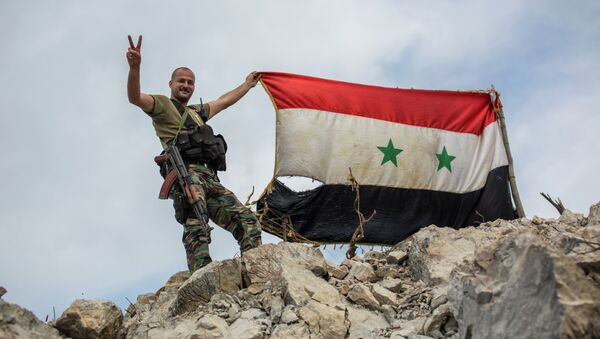 A government soldier with the Syrian flag on a location on top of a hill not far from Kessab on the Turkish border following an Islamist takeover of the town - Sputnik International