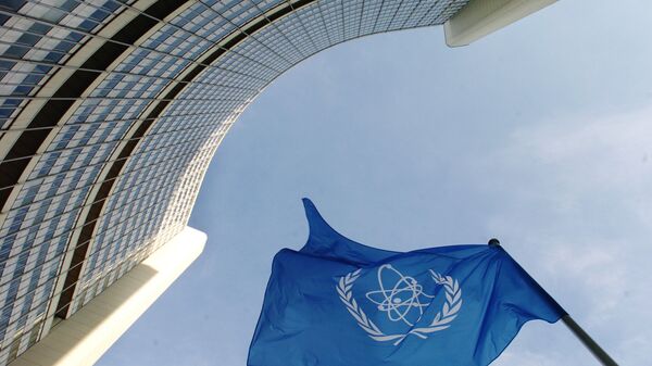 IAEA flag flatters in the wind in front of the International Atomic Energy Agency headquarers in UN city in Vienna - Sputnik International