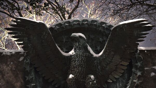 Snow falls on an eagle emblem at the Franklin D. Roosevelt memorial in Washington DC on February 16, 2015 - Sputnik International