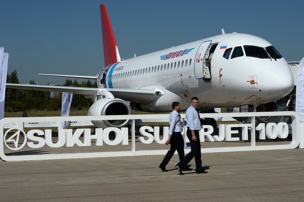 The Sukhoi Superjet 100, presented at the 2015 MAKS air show's opening ceremony in Zhukovsky, outside Moscow. - Sputnik International