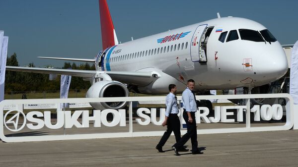 The Sukhoi Superjet 100 presented at the 2015 MAKS air show's opening ceremony in the Moscow suburban town of Zhukovsky - Sputnik International
