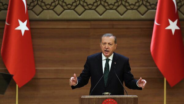 In this file picture take on August 12, 2015 Turkish President Recep Tayyip Erdogan addresses a meeting at the presidential palace in Ankara - Sputnik International