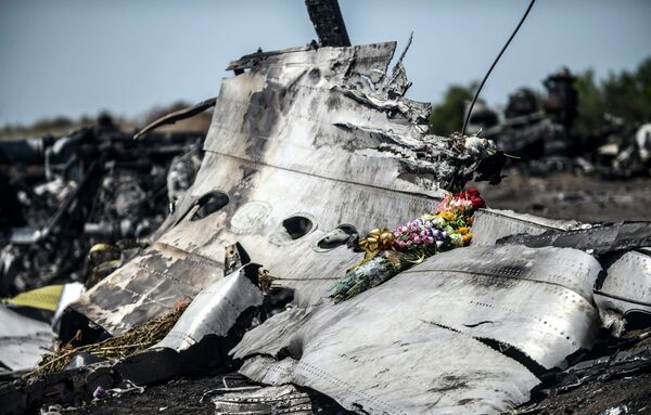 This photo taken on July 26, 2014 shows flowers, left by parents of an Australian victim of the crash, laid on a piece of the Malaysia Airlines plane MH17, near the village of Hrabove (Grabove), in the Donetsk region This photo taken on July 26, 2014 shows flowers, left by parents of an Australian victim of the crash, laid on a piece of the Malaysia Airlines plane MH17, near the village of Hrabove (Grabove), in the Donetsk region - Sputnik International