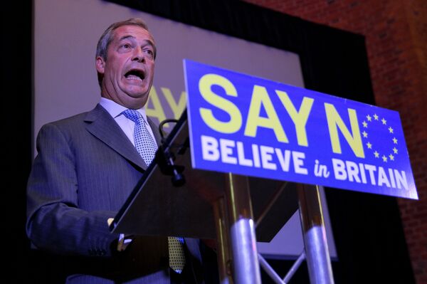 UK Independence Party (UKIP) leader Nigel Farage speaks at a press conference in London on July 30, 2015, where he set out the party's vision for a 'No' vote in an referendum on EU membership that Britain's Prime Minister David Cameron has promised to hold before the end of 2017. UK Independence Party (UKIP) leader Nigel Farage speaks at a press conference in London on July 30, 2015, where he set out the party's vision for a 'No' vote in an referendum on EU membership that Britain's Prime Minister David Cameron has promised to hold before the end of 2017. - Sputnik International