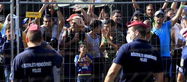 Migrants watch from behind a fence as Hungarian riot police stands guard in front of a migrant reception centre in Roszke, Hungary, September 4, 2015 - Sputnik International