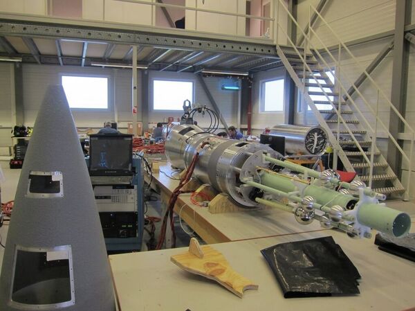 The forward section of the experimental rocket, right, showing several of the scientific instruments that will measure the dusty plasma The forward section of the experimental rocket, right, showing several of the scientific instruments that will measure the dusty plasma - Sputnik International