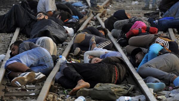 Refugees and migrants sleep on the railway tracks close to the borders of Greece with Macedonia, near the village of Idomeni, September 6, 2015 - Sputnik International