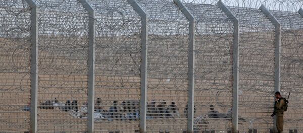 An Israeli soldier stands near the border fence between Israel and Egypt as African would-be immigrants sit on the other side near the Israeli village of Be'er Milcha, in this September 6, 2012 file photo An Israeli soldier stands near the border fence between Israel and Egypt as African would-be immigrants sit on the other side near the Israeli village of Be'er Milcha, in this September 6, 2012 file photo - Sputnik International