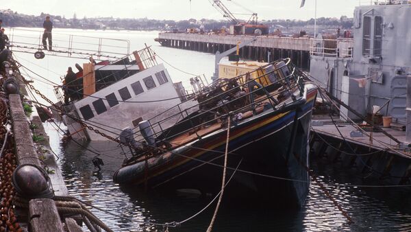 (FILES) -- A file picture taken on August 14, 1985 shows the Greenpeace ecologist organization boat Rainbow Warrior which was sunk in the bay of Auckland on July 10, 1985 by French secret services, as it was en route to Pacific Ocean to protest against French nuclear tests - Sputnik International