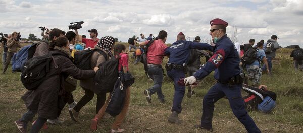 Hungarian police officers stop migrants as they try to escape on a field nearby a collection point in the village of Roszke, Hungary, September 8, 2015. Hungarian police officers stop migrants as they try to escape on a field nearby a collection point in the village of Roszke, Hungary, September 8, 2015. - Sputnik International