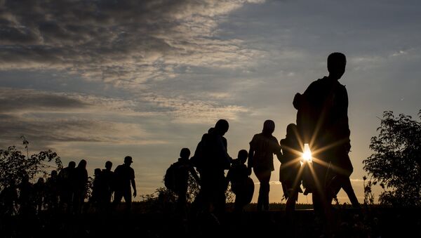 Migrants walk along rail tracks as they arrive at a collection point in the village of Roszke, Hungary, September 8, 2015 - Sputnik International