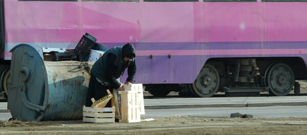 A woman collects wooden cases for heating her house with in Bucharest - Sputnik International
