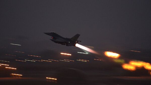 In this image provided by the U.S. Air Force, an F-16 Fighting Falcon takes off from Incirlik Air Base, Turkey, as the U.S. on Wednesday, Aug. 12, 2015, launched its first airstrikes by Turkey-based F-16 fighter jets against Islamic State targets in Syria In this image provided by the U.S. Air Force, an F-16 Fighting Falcon takes off from Incirlik Air Base, Turkey, as the U.S. on Wednesday, Aug. 12, 2015, launched its first airstrikes by Turkey-based F-16 fighter jets against Islamic State targets in Syria - Sputnik International