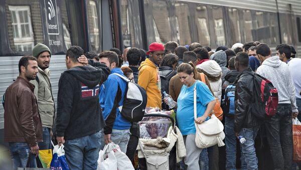 Migrants, mainly from Syria, prepare to board a train headed for Sweden, at Padborg station in southern Denmark, 10 September 2015 - Sputnik International