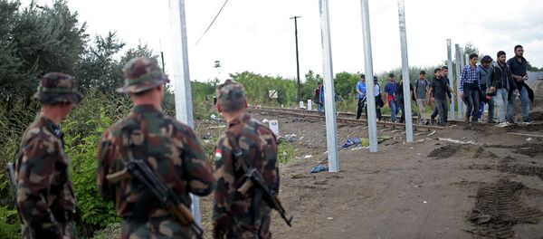 Hungarian soldiers stand guard as migrants cross at the border near Roszke, Hungary September 12, 2015 Hungarian soldiers stand guard as migrants cross at the border near Roszke, Hungary September 12, 2015 - Sputnik International