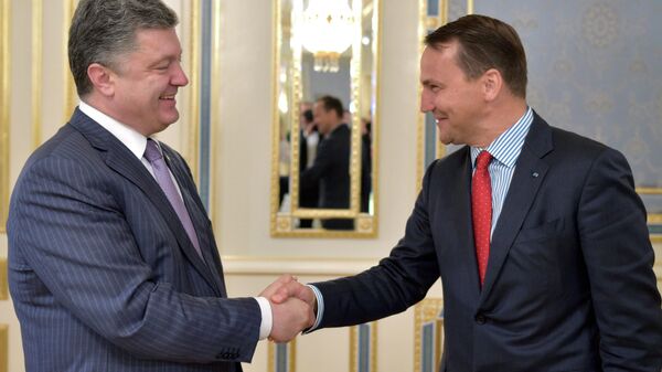 Ukrainian President Petro Poroshenko, left, shakes hands with Poland's Foreign Minister Radoslaw Sikorski, during a meeting in Kiev, Ukraine, Tuesday, July 15, 2014 - Sputnik International