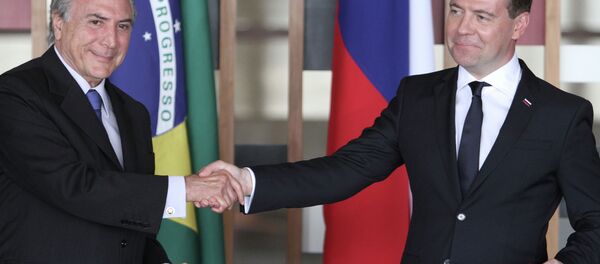 Russian Prime Minister Dmitry Medvedev (right) and Brazilian Vice President Michel Miguel Elias Temer Lulia. (File) Russian Prime Minister Dmitry Medvedev (right) and Brazilian Vice President Michel Miguel Elias Temer Lulia. (File) - Sputnik International