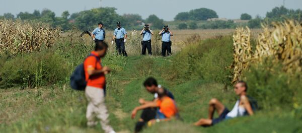 Croatian policemen observe a group of migrants on the border with Serbia near Tovarnik, Croatia September 16, 2015 Croatian policemen observe a group of migrants on the border with Serbia near Tovarnik, Croatia September 16, 2015 - Sputnik International