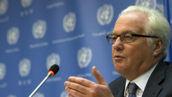 Russian ambassador to the United Nations Vitaly Churkin speaks during a news conference at the UN headquarters in New York. - Sputnik International