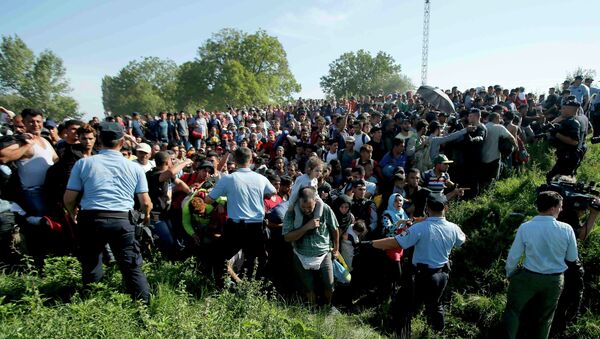 Policemen direct migrants during a stampede to board a bus in Tovarnik, Croatia September 17, 2015 - Sputnik International