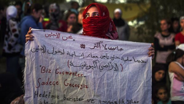 A Syrian woman stands holding a banner that reads in Turkish ''we are migrants, we will pass'' and in Arabic (top),  We are only crossing, our aim is peaceful to secure humanitarian passage allowing refugees to enter Greece  near the highway, on their way to the border between Turkey and Greece - Sputnik International