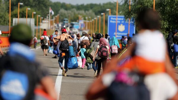 Migrants walk back to Serbia after Croatia refused them entry on the border bridge in Batina, Croatia September 18, 2015. - Sputnik International