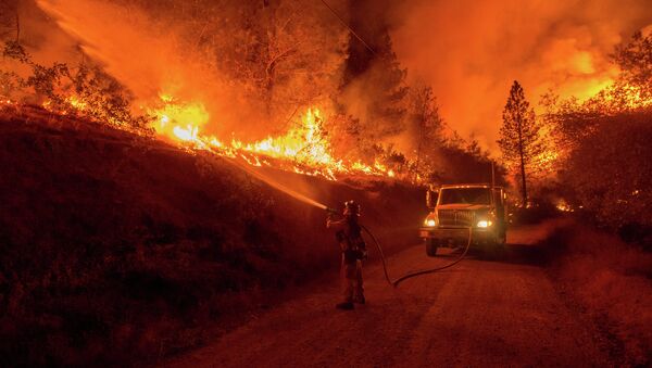 A firefighter douses flames from a backfire while battling the Butte fire near San Andreas, California on September 12, 2015 - Sputnik International