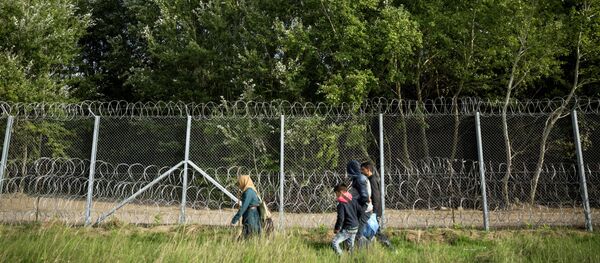 Migrants walk along the fence at the Serbian-Hungarian border while a helicopter flies over them near Horgos, Serbia,Tuesday, Sept. 15, 2015 - Sputnik International