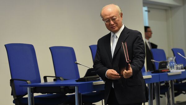 Yukiya Amano, director general of the International Atomic Energy Agency (IAEA), arrives for a press conference of the IAEA Board of Governors Meeting at IAEA headquarters in Vienna, Austria on August 25, 2015 - Sputnik International