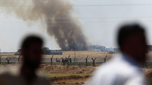 People watch as smoke from a US-led airstrike rises over the outskirts of Tal Abyad, Syria. - Sputnik International