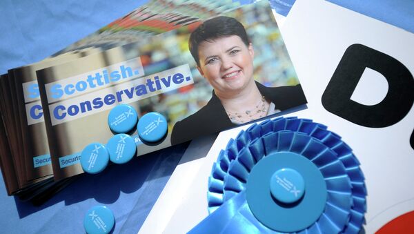 Canvassing materials showing the face of Ruth Davidson, leader of the Scottish Conservatives, are pictured as she campaigns for the UK general election in the centre of Edinburgh on April 23, 2015 - Sputnik International