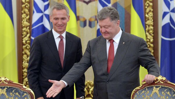 Ukrainian President Petro Poroshenko (R) welcomes NATO's General Secretary Jens Stoltenberg (L) during the National Security and Defense Council in Kiev on September 22, 2015 - Sputnik International