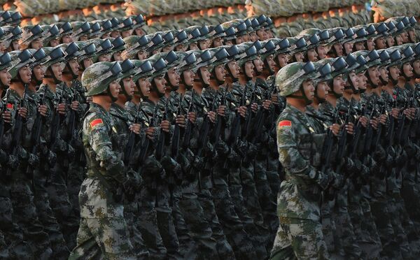 Chinese soldiers conduct a practice at dawn ahead of a military parade later in the morning at Tiananmen Square in Beijing on September 3, 2015, to mark the 70th anniversary of victory over Japan and the end of World War II Chinese soldiers conduct a practice at dawn ahead of a military parade later in the morning at Tiananmen Square in Beijing on September 3, 2015, to mark the 70th anniversary of victory over Japan and the end of World War II - Sputnik International