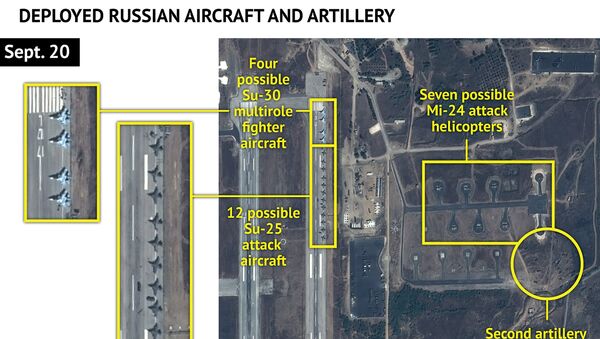 An Airbus Defence and Space satellite image courtesy of Stratfor, a geopolitical intelligence and advisory firm in Austin, Texas, shows at least 16 Russian combat aircraft stationed at the Bassel al Assad air base near the Syrian town of Latakia September 20, 2015 - Sputnik International