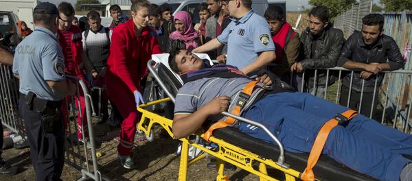A migrant is carried on a stretcher after he collapsed in front of a registration camp in Opatovac, Croatia September 23, 2015. - Sputnik International