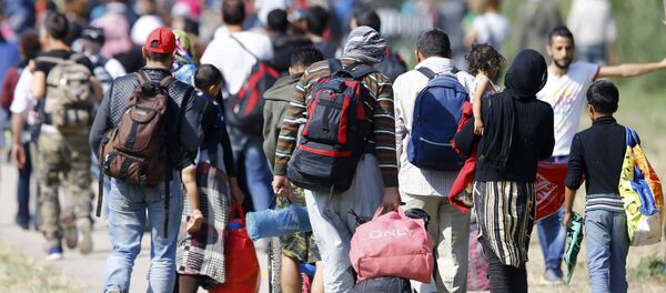 Migrants carry their belongings as they walk towards the Austrian border from Hegyeshalom, Hungary September 23, 2015. Migrants carry their belongings as they walk towards the Austrian border from Hegyeshalom, Hungary September 23, 2015. - Sputnik International