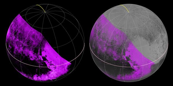 On the left, a map of methane ice abundance shows striking regional differences, with stronger methane absorption indicated by the brighter purple colors here, and lower abundances shown in black. Data have only been received so far for the left half of Pluto’s disk. At right, the methane map is merged with higher-resolution images from the spacecraft’s Long Range Reconnaissance Imager On the left, a map of methane ice abundance shows striking regional differences, with stronger methane absorption indicated by the brighter purple colors here, and lower abundances shown in black. Data have only been received so far for the left half of Pluto’s disk. At right, the methane map is merged with higher-resolution images from the spacecraft’s Long Range Reconnaissance Imager - Sputnik International