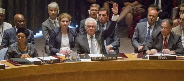 Russian U.N. Ambassador Vitaly Churkin, center, raises his hand to cast a vote to veto - Sputnik International