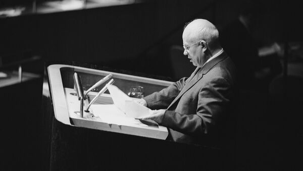 Soviet leader Nikita Khrushchev addresses  UN General Assembly in New York, Oct. 11, 1960 - Sputnik International